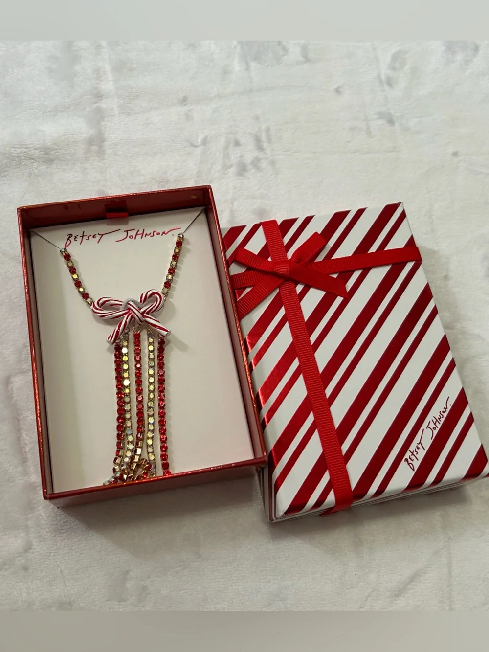 Betsey Johnson Candy Cane Bow Rhinestone Tassel Necklace NWT
